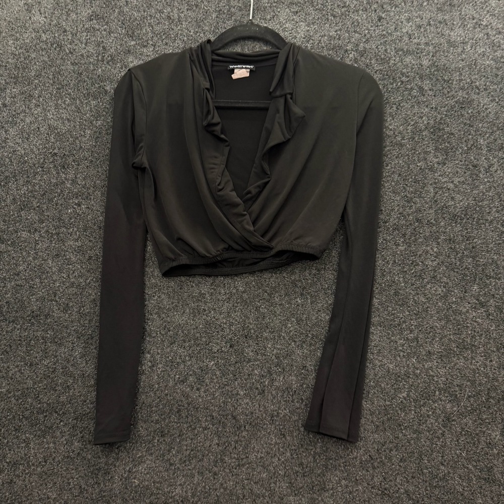 Vintage Wearever Black Ruffle Surplice Crop Top Long Sleeve Made in USA Small
